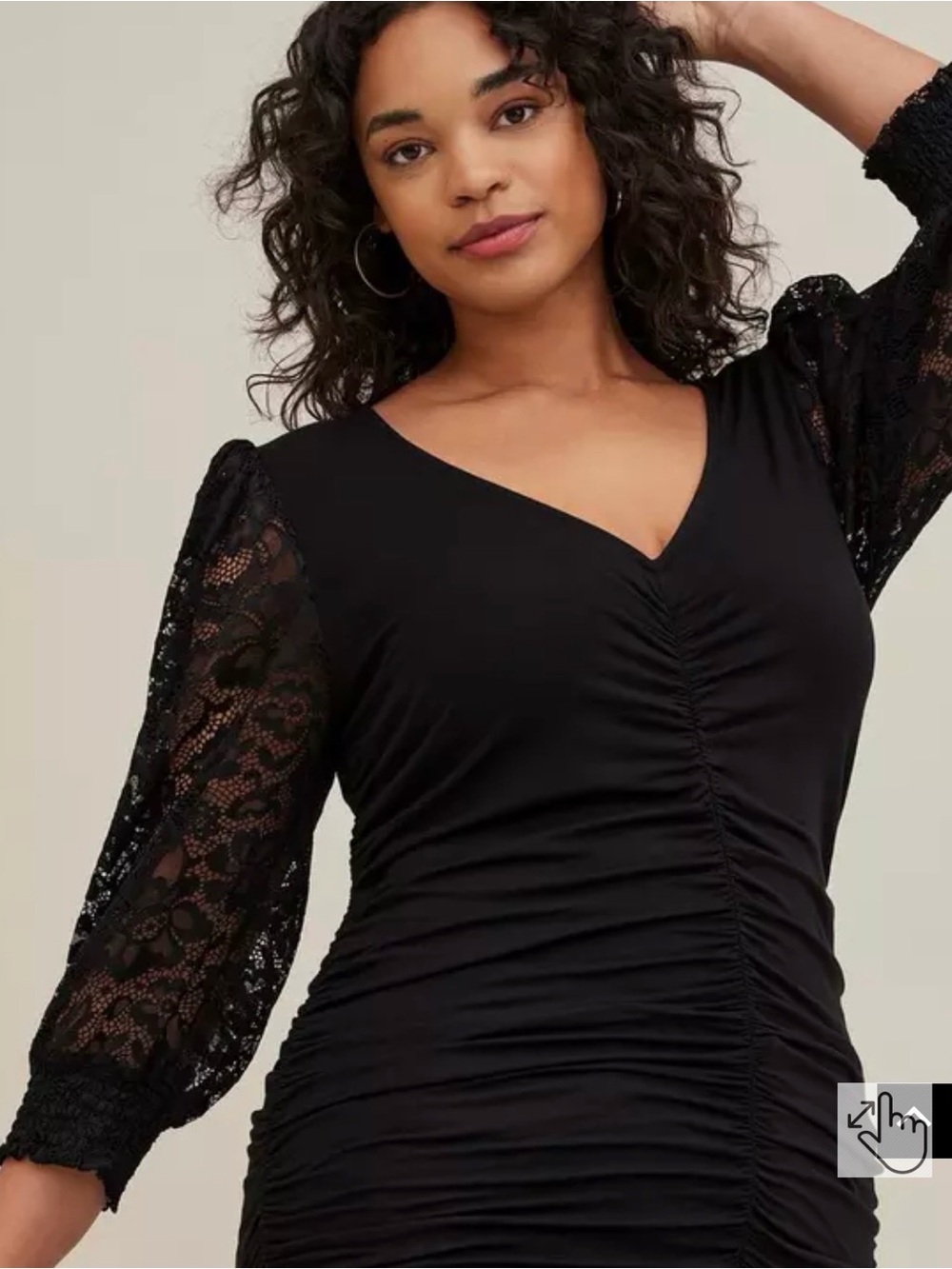 Torrid Black Ruched V-Neck Top with Lace Sleeves - Picture 5 of 5